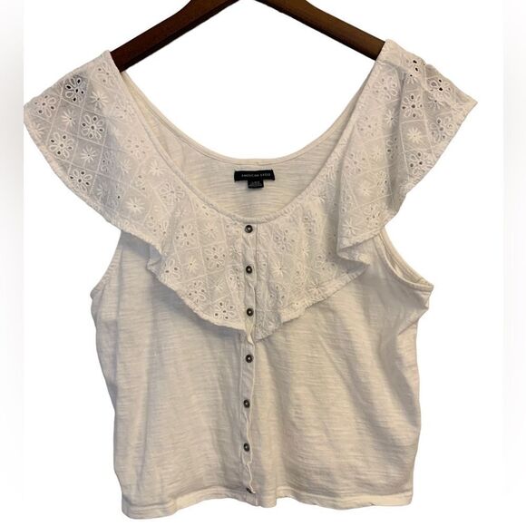 American Eagle Outfitters White Cotton Eyelet Ruffle Off Shoulder Button Top L - Picture 1 of 7